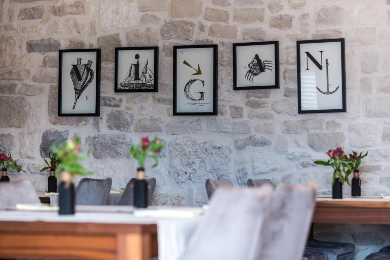Restaurant interior with stone wall